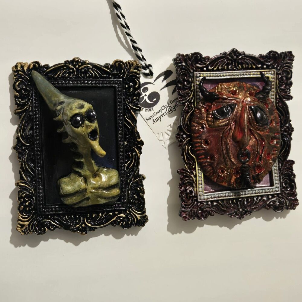 OOAK HM Creepy Oddity Art Sculpt Scary Alien & Tribal Creature Magnets Lot of 2